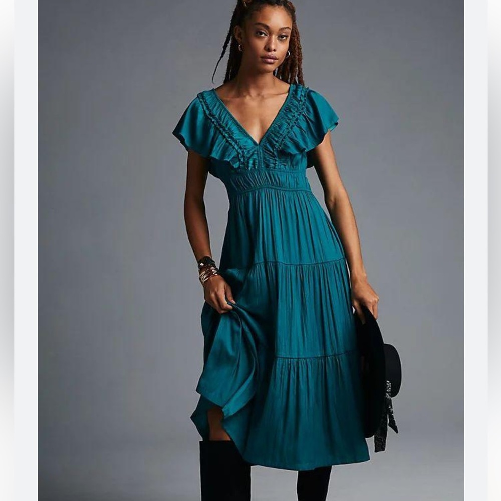 Anthropologie Ruffled Tiered Midi Dress Turquoise